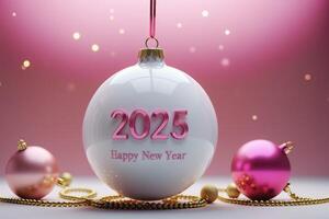 Christmas card with a white ornament featuring 'Happy New Year 2025' in pink, surrounded by softly glowing lights for a festive and celebratory feel. High quality photo