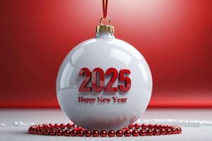 Christmas card with '2025' in red letters on white Christmas ball, surrounded by softly glowing festive lights, creating a celebratory atmosphere. High quality photo