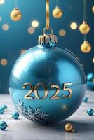 Christmas card with '2025' in gold letters on blue Christmas ornament, surrounded by softly glowing festive lights, creating a celebratory atmosphere, with space for text. High quality photo