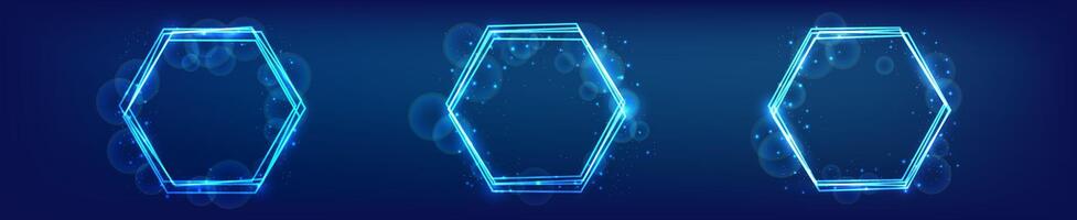 Neon hexagon frame with shining effects and sparkles vector