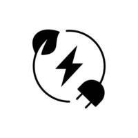 Green eco energy icon. Simple solid style. Clean power, transition, lightning in circle with plant leaf and plug, renewable concept. Black silhouette, glyph symbol. Illustration isolated. vector