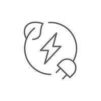 Green eco energy icon. Simple outline style. Clean power, transition, lightning in circle with plant leaf and plug, renewable concept. Thin line symbol. Illustration isolated. Editable stroke. vector