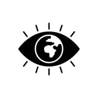 Global vision icon. Simple solid style. Eye with the earth in place of the iris, earth, world, globe, ecology, business concept. Black silhouette, glyph symbol. Illustration isolated. vector