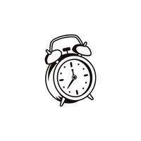 An alarm clock is shown in black and white vector