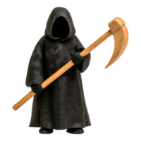 Mysterious Figure in Black Cloak Holding a Scythe in Darkness png