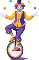 A flat illustration of a clown juggling balls on a single wheel bicycle vector