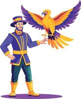 A flat illustration of a circus character showing bird magic vector