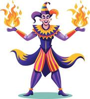 A flat illustration of a jester performing fire show vector
