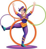 A flat illustration of a character performing with hula hoops vector