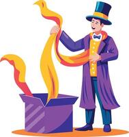 A flat illustration of a magician character showing magic trick with a box vector