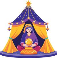 A flat illustration of a character holding a fortune ball vector