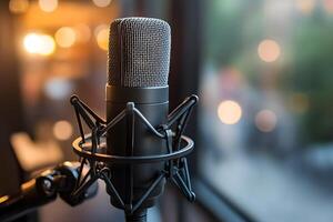 A microphone is sitting in front of a window photo