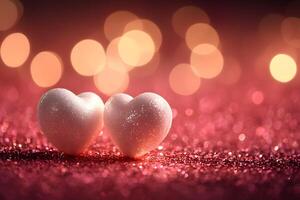 Two hearts on a pink background with bokeh lights photo