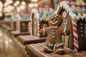 A gingerbread house with a man standing in front of it photo