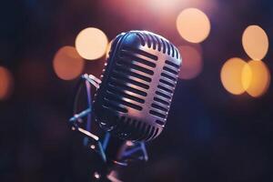 A microphone on a stage with lights in the background photo