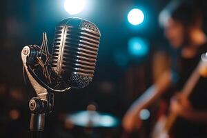 A microphone and a guitar player in the background photo