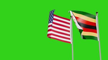 United States of America and Zimbabwe Flags Waving Together on Green Screen Representing International Partnership video