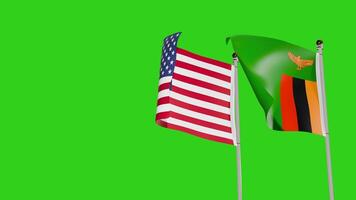 United States of America and Zambia Flags Waving Together on Green Screen Representing International Partnership video