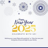 A clean and minimal Happy New Year 2025 celebration design featuring elegant gold and blue typography with decorative elements like leaves, stars, and abstract shapes. vector