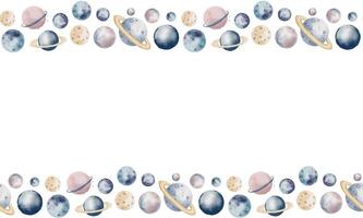 Watercolor template for card with seamless Border. Illustration of Planets for baby invitations in pastel blue and pink colors. Cute Space Frame for childish design. Cosmos Pattern with universe. vector