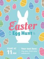 Poster template for traditional Easter Egg hunt. Beautiful colorful Easter eggs on blue background with bunny silhouette and text vector
