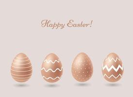 Happy Easter greeting card design with realistic brown eggs set with traditional white ornament vector
