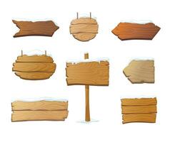 Set of isolated wooden blank signboards and pointers covered in snow. Cartoon vintage signs in different shapes vector
