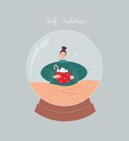 Self-isolated girl illustration with hot drink and snowflakes in a snow globe. Drinking cocoa with marshmallow in a cozy sweater under a blanket vector
