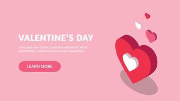 Valentine's Day isometric banner design different hearts in red, pink and white colors on pink background. Template for web or print in isometric style illustration vector