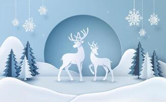 Reindeer with christmas tree and white snow vector