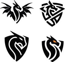 A set of four modern, logo designs. The first design features a sleek, stylized dragon with wings spread wide vector