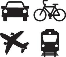 A set of plain icon of plain, train, car and cycle, silhouette illustration vector