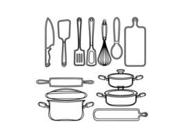 Simple Line Art Collection of Essential Kitchen Utensils and Cookware vector