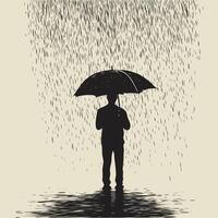 Silhouette of a man holding an umbrella in heavy rain on single color background. vector