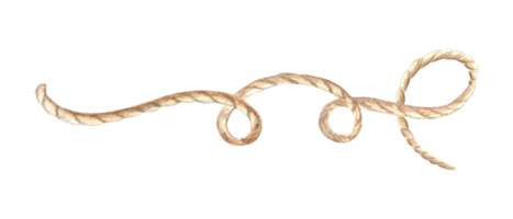 Rope twisted in loops. Hand drawn watercolor illustration isolated. Marine cord or string of hemp. Fiber of burlap, thread. Horizontal composition in nautical style. Clipart for postcard, craft, print png