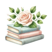 A pastel-colored stack of books with a blooming rose and green leaves, symbolizing love, nature, and reading. png