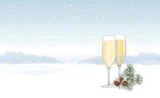 Christmas winter nature background with two glasses of champagne, greeting Merry Chrismas and conifeerous branch with cone in snow vector