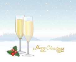 Christmas winter nature background with two glasses of champagne, Merry Chrismas greeting lettering, coniferous branch with cone in snow vector
