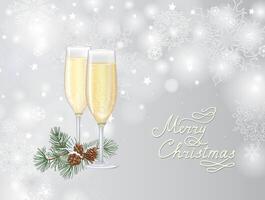 Two flute glasses filled with sparkling champagne over winter nnoel snowy blurred background.Merry Christmas greeting card with snowflakes and conifeerous branch with cone in snow vector