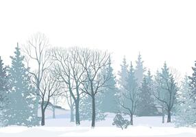 Snowy winter forest seamless pattern. Christmas snow tree border. Tree without leaves on white background. Softwood seamless texture. Winter coniferous landscape seamless wallpaper. vector