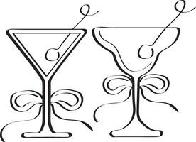 black and white set with martini glasses and a bud glass with berries drawn in outline, design for valentine's day vector
