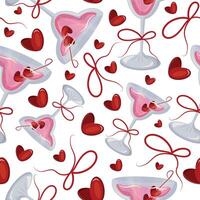 seamless pattern with original glasses buds and pink drink with berries in the shape of a heart and red bows, for valentine's day vector
