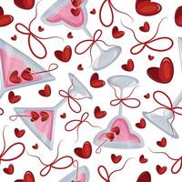 seamless pattern with martini glasses and bud glass with pink drink and berries in the shape of hearts and red bows, design for valentine's day vector