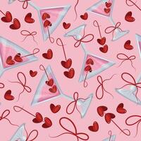 seamless pattern with martini glasses, pink champagne, berries in the shape of a heart and bows on a light pink background for Valentine's Day vector