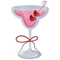 bud glass icon with pink drink and berries in the shape of hearts and red bow, design for valentine's day vector