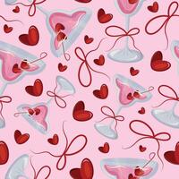 seamless pattern with original glasses buds and pink drink with berries in the shape of a heart and red bows on a pink background, for valentine's day vector