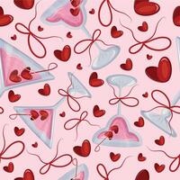 seamless pattern with martini glasses and a bud glass with a pink drink and berries in the shape of hearts and red bows on a pink background, design for valentine's day vector