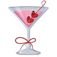 martini glass icon with pink drink and berries in heart shape and red bow, valentines day design vector