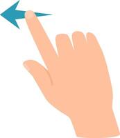 Cartoon hand making a swiping left gesture with the index finger and a blue arrow following the movement, representing navigation, user interface interaction, or decision making vector
