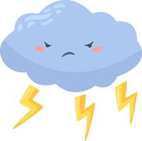 Stylized, cartoon depiction of a storm cloud with an angry expression, producing lightning bolts, set against a plain white backdrop, evokes a sense of stormy weather and potential danger vector
